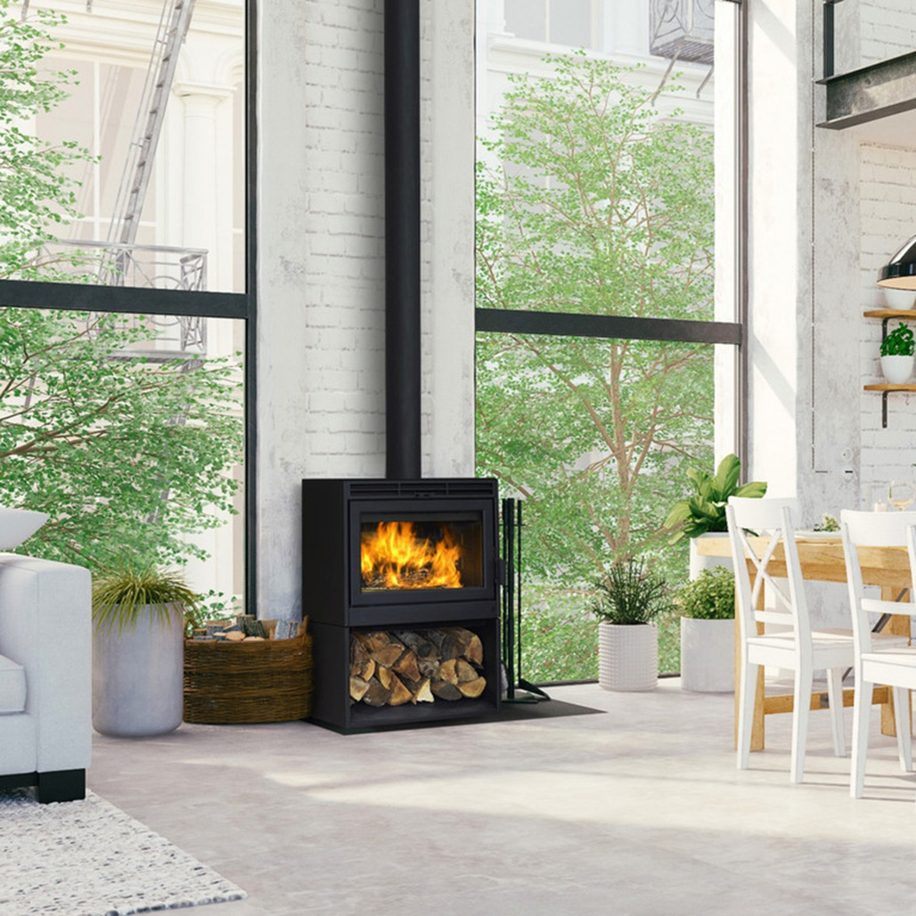 modern-cast-iron-wood-burning-stove-living-room EcoFlame WoodBurn 8 - Kandallókályha (8 kW) - Image 1